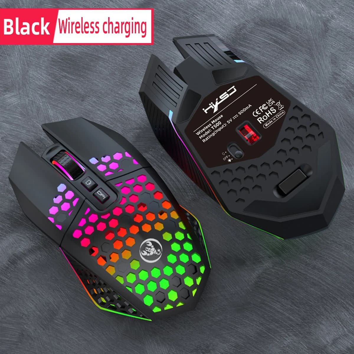 Mouse da gioco wireless HXSJ T500 - Design ergonomico con illuminazione RGB, ricarica USB di tipo C, guscio a nido d'ape, ottico per il gioco