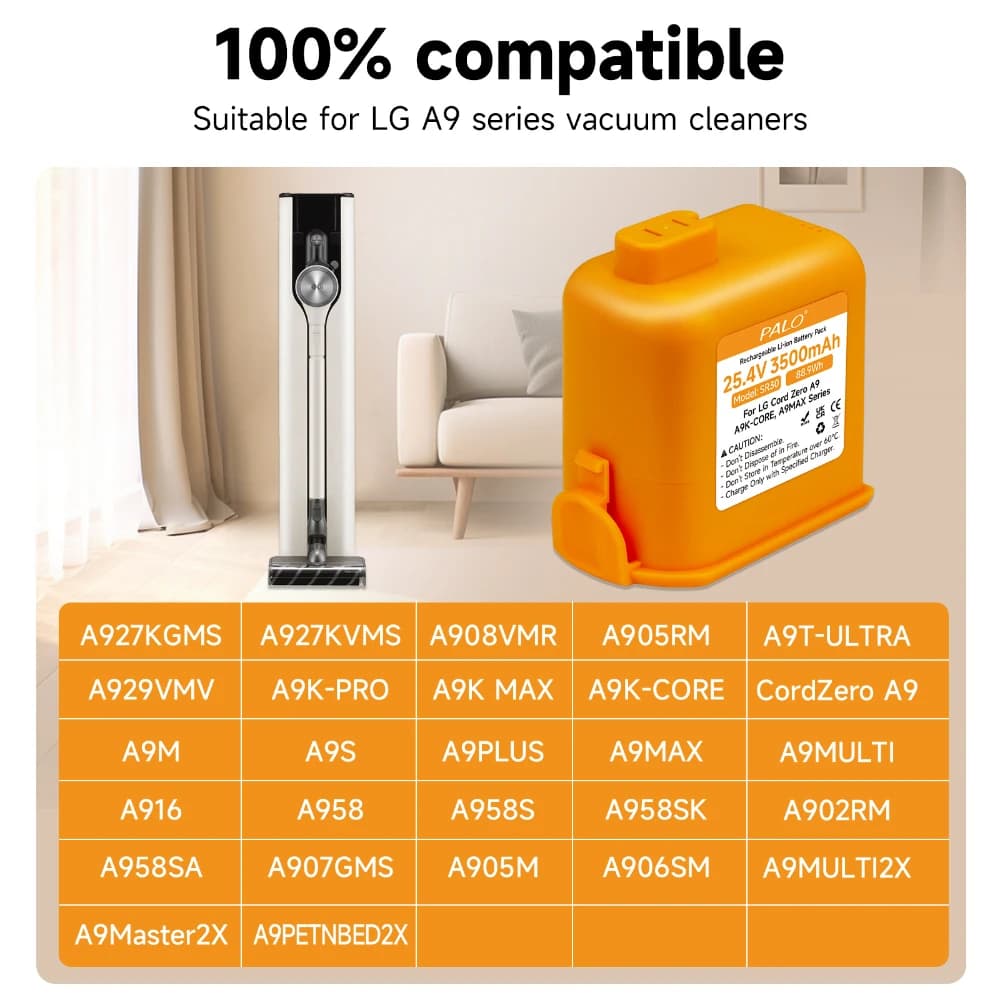 Batteria da 25,4 V 3500 mAh per LG Cord Zero A9, A9S, A9K-CORE, A9MAX, A9T-Ultra, A9K-PRO, A9M, A9S, A9Plus Batteria di ricambio per aspirapolvere