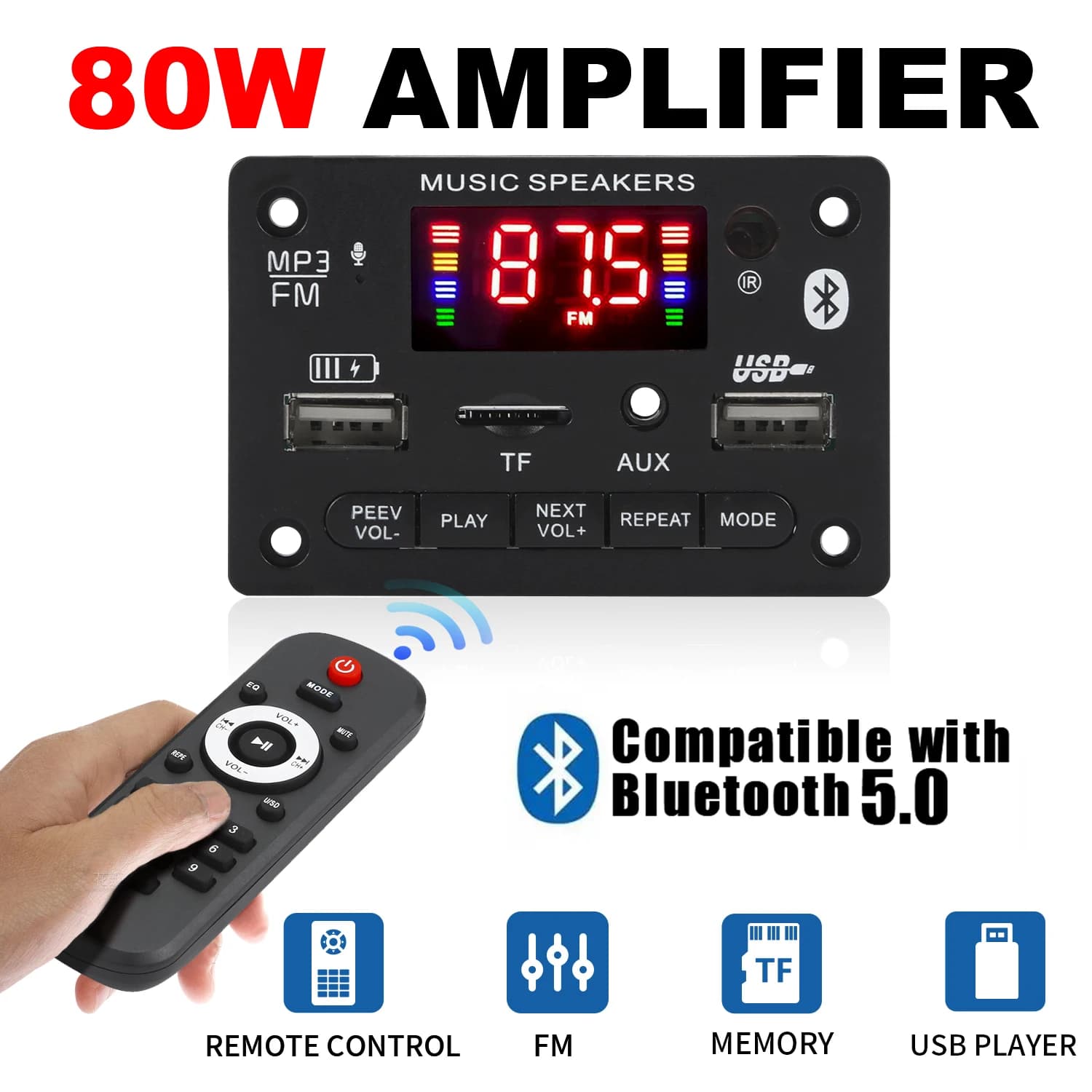 80W/6W amplificatore MP3 WMA WAV Decoder Board ricarica USB Bluetooth 5.0 lettore musicale Wireless 12V Car FM Radio AUX registrazione delle chiamate