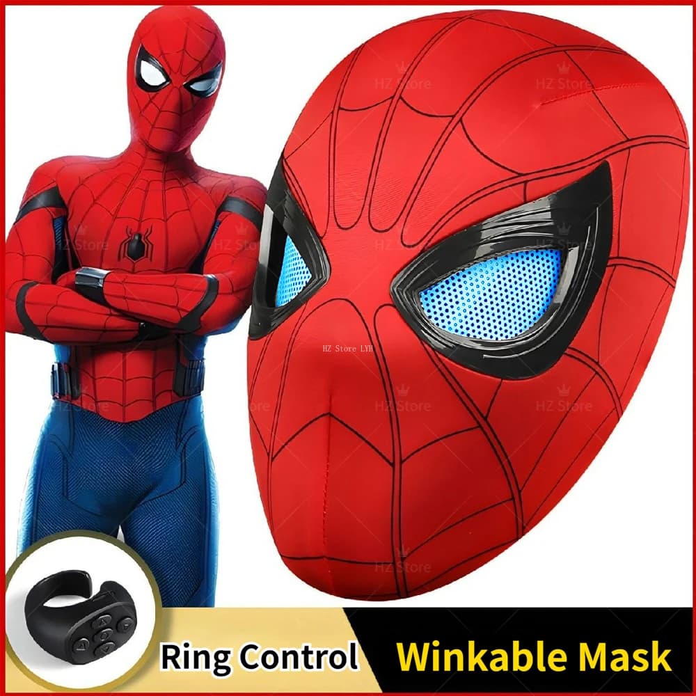 Spider-Man Mask Toy with Movable Eyes & Light Effect Ring Control Spiderman Cosplay Masks Toys for Man Fans Birthday Gift