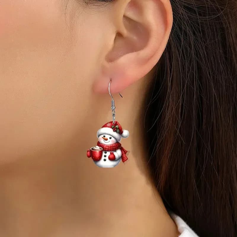 Orecchini piatti 2D in acrilico natalizio con pupazzo di neve per donna Orecchini simpatico cartone animato Albero di Natale Orecchini con sfera di cristallo con fiocco di neve Non 3D