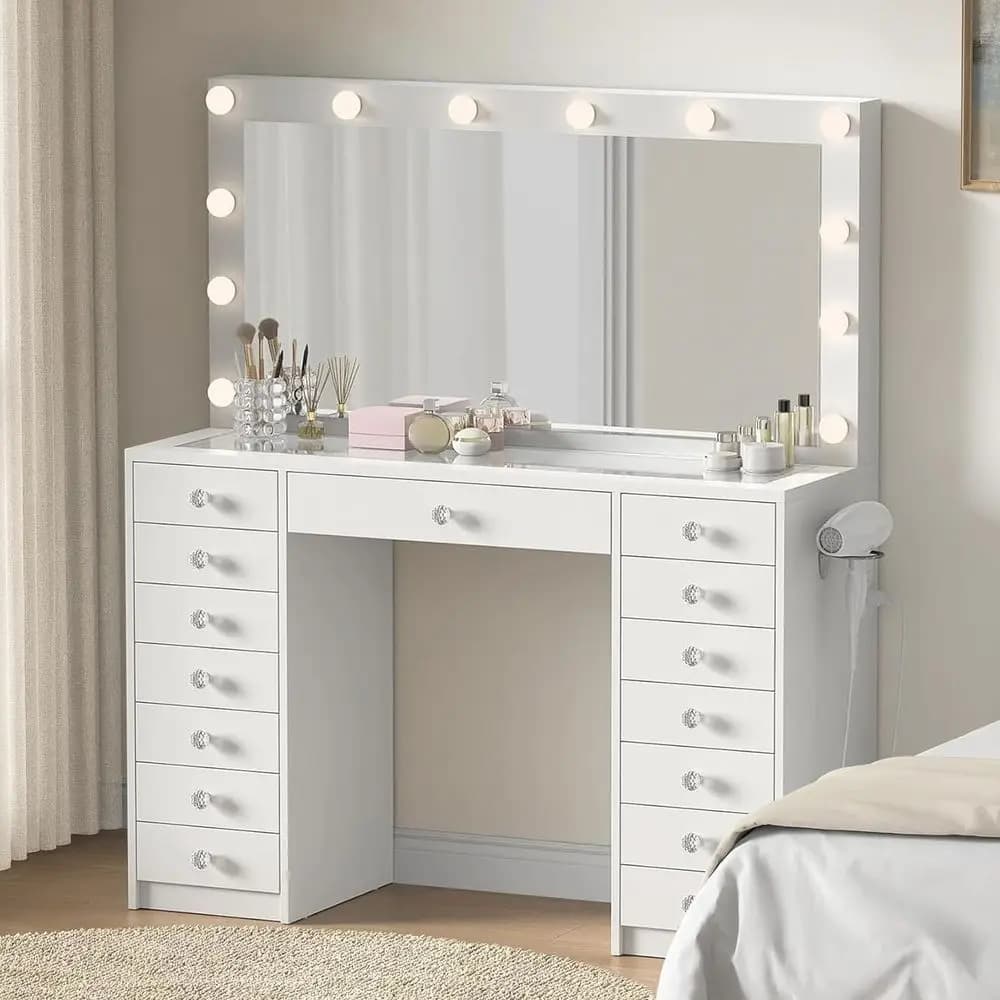 Toeletta con luci LED 41.7 e piano in vetro, 12 lampadine, 15 cassetti, stazione di ricarica, porta asciugacapelli, ideale per camera da letto o sala da pranzo