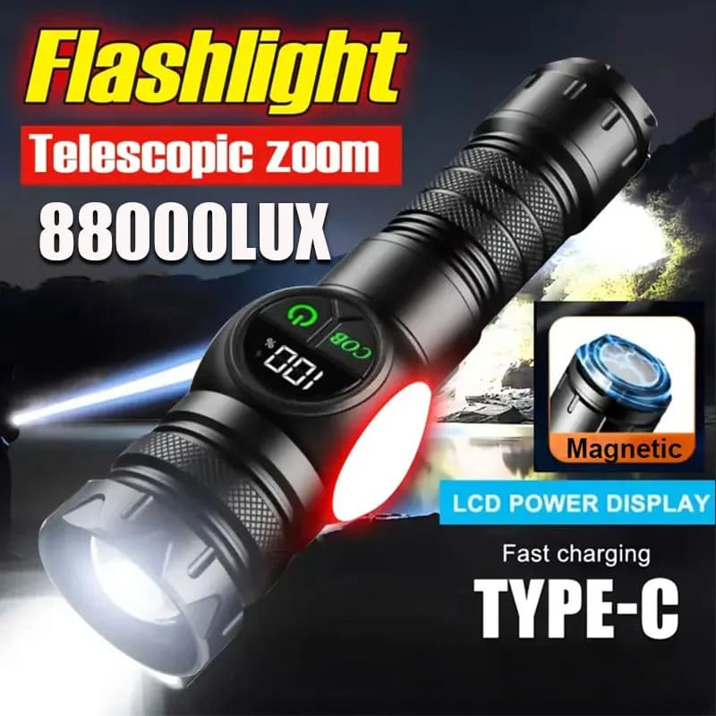 Super Powerful Flashlight Rechargeable LED Flashlight via USB Magnetic Tactic Flashlight with Side Light COB Camping Fishing