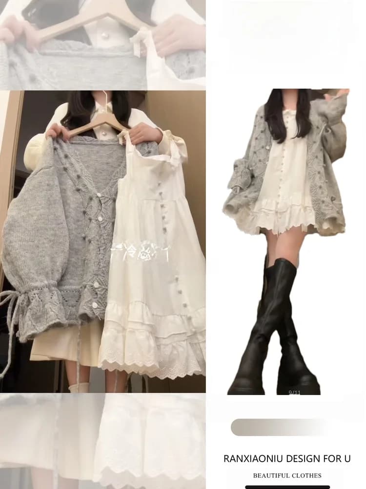 Set in maglia coreano delicato da donna, composto da cardigan aperto con scollo a V, maniche a lanterna lunghe e lavorazione a uncinetto, e gonna con cinturino.