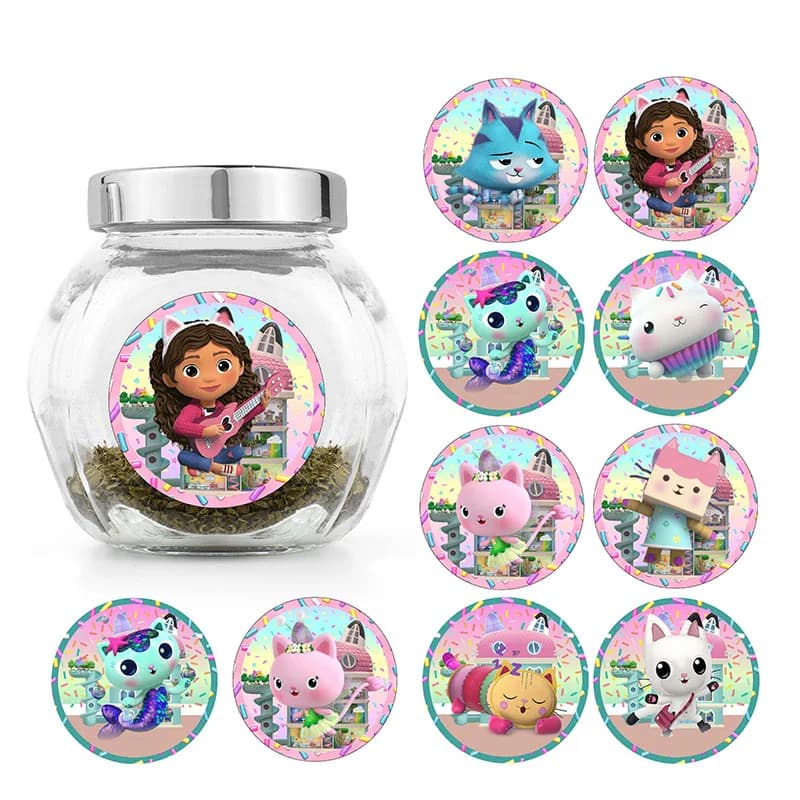 Round wall decals with premium opaque finish Gabby Dollhouse - Decalcomanie with Kawaii characters for phones, laptops and DIY albums