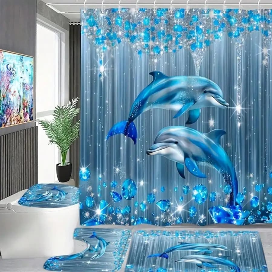 4 pezzi blu delfino danza tenda da doccia, moderna tenda da doccia in poliestere impermeabile tema moda bagno tappetino da bagno