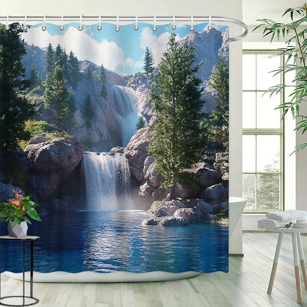 Tenda da doccia con paesaggio a cascata - Motivo naturale di montagne e laghi, arredamento da bagno in poliestere, 12 ganci