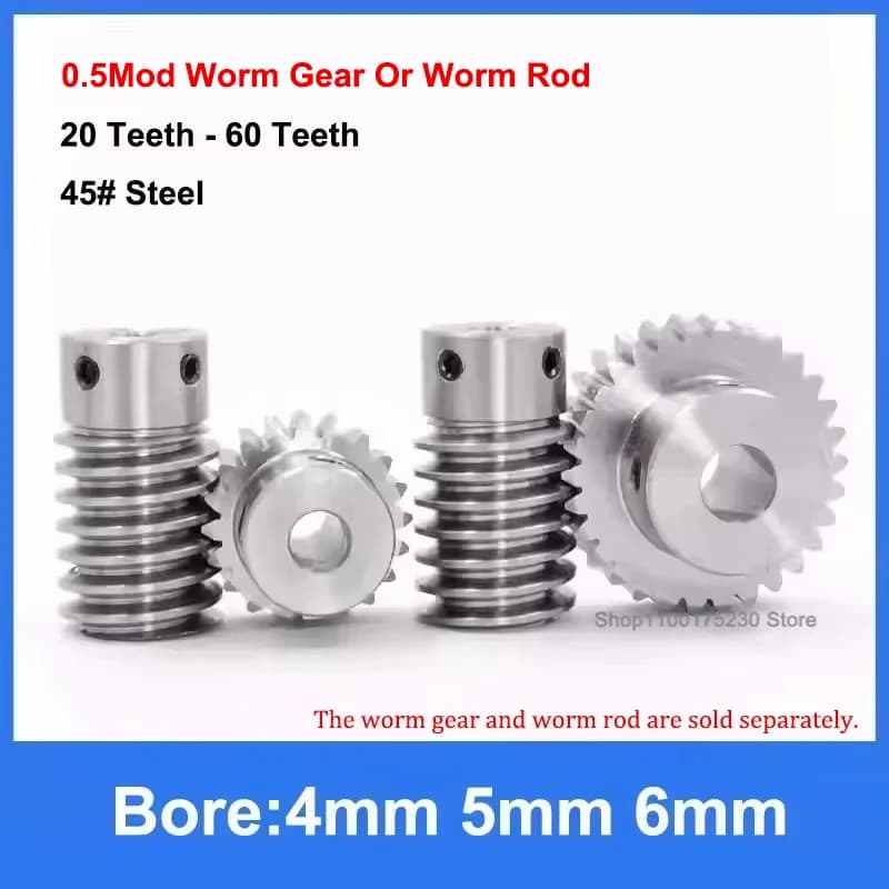 1 Endless Screw Gear or Endless Screw Drive 0.5M 20T-60T 45 # Endless Steel Screw Gear, Module 0.5, 20 to 60 teeth, 4mm Hole, 5mm, 6mm