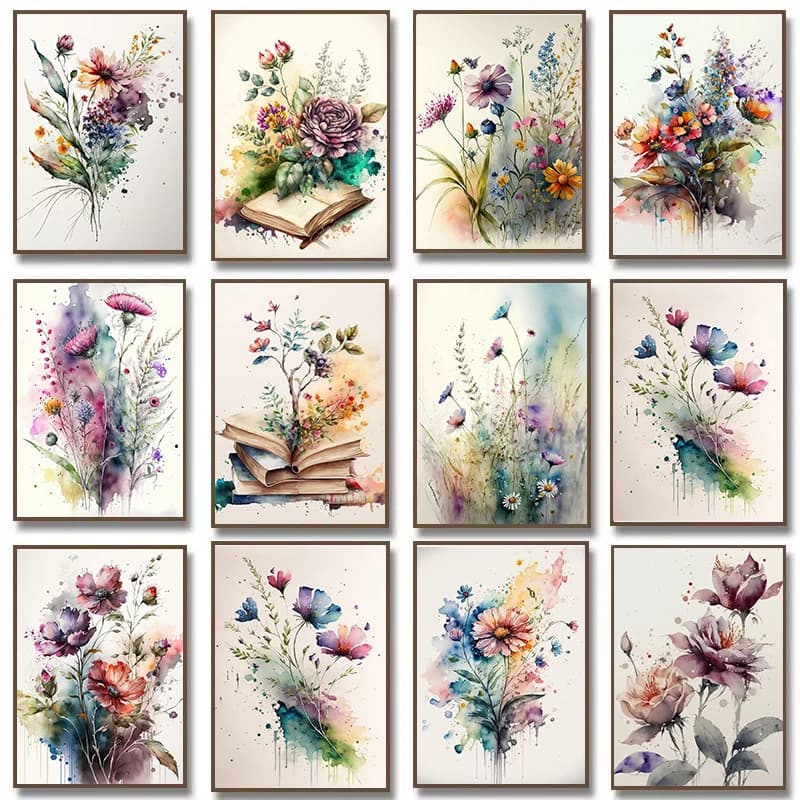 Watercolor Flower Poster Narcissus Rose Bouquet Canvas Painting Modern Abstraction Wall Art Picture for Living Room Home Deco