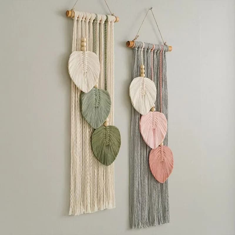 Nordic Wind Wood Pole Leaf Cotton Tapestry Hand-woven Tassel Wall Decoration Hotel Horizontal Background Wall Decoration Pendant