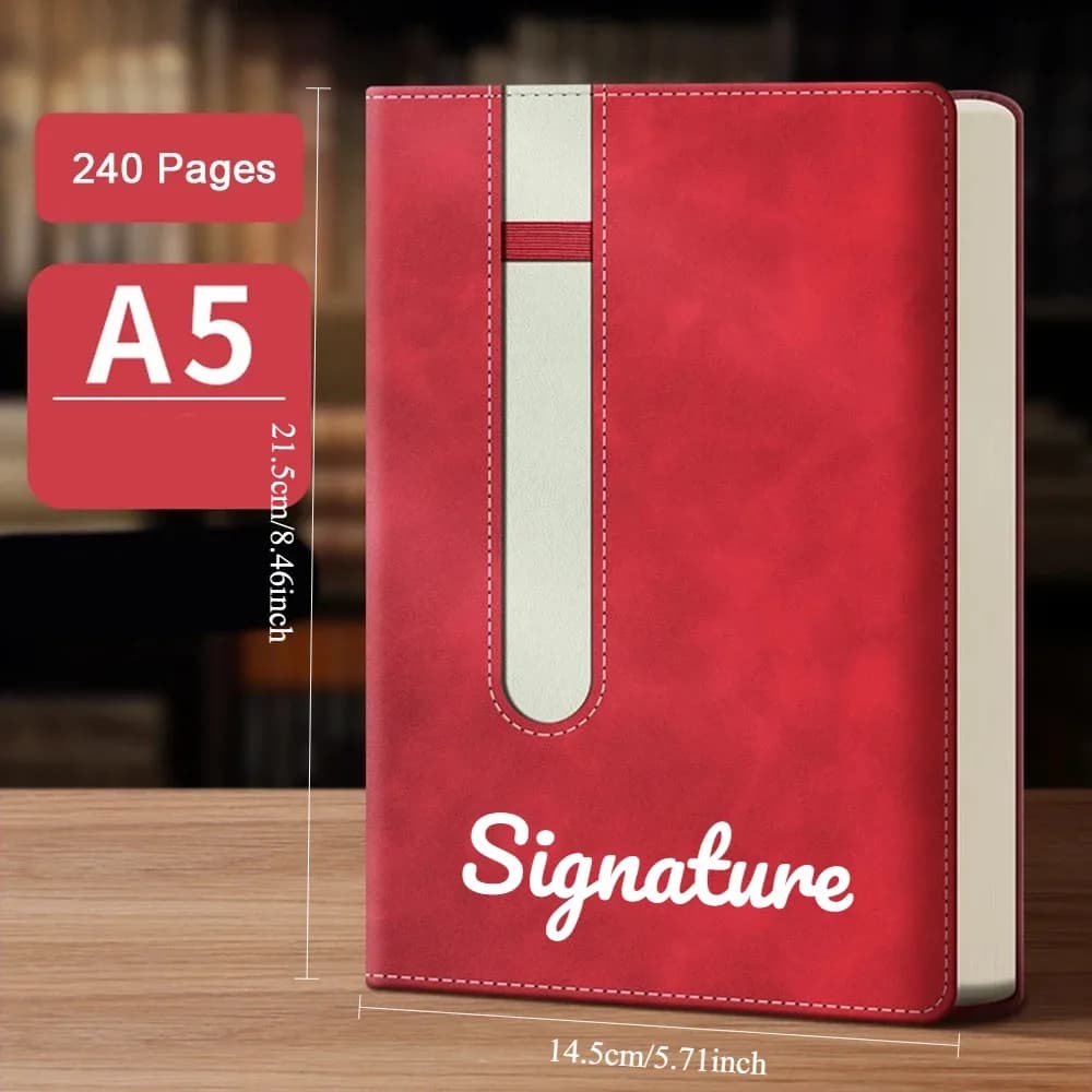 A5 Lined Notebook 200 Pages 80g Thick Paper No Bleed PU Leather Cover with Pen Holder Lay Flat Journal Planner for School Busine