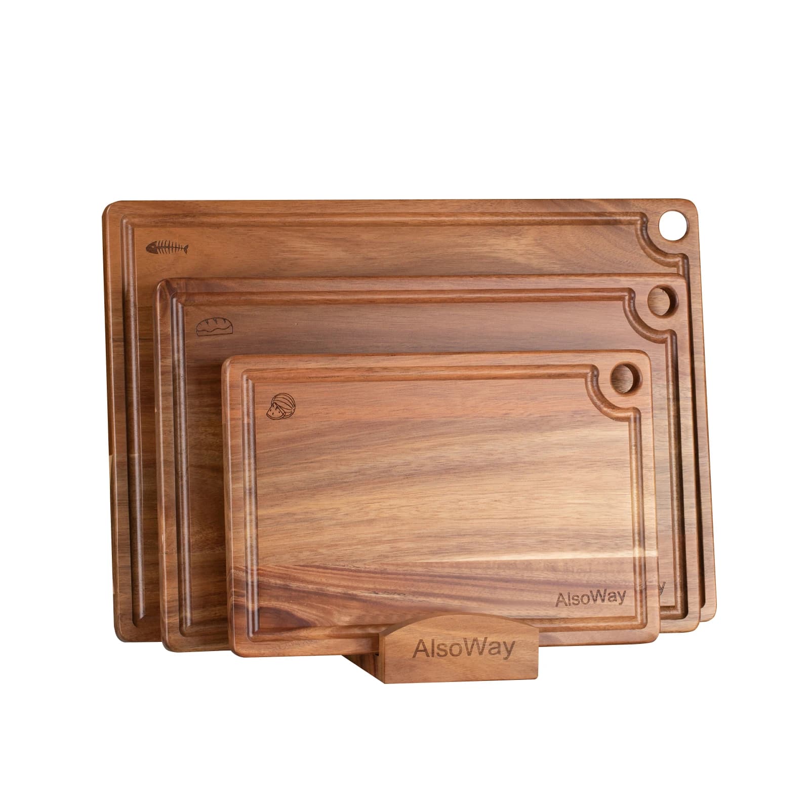 3Pcs Set Cutting Boards for Kitchen with Wood Storage Stand, Reversible Charcuterie & Chopping Boards with Juice Grooves