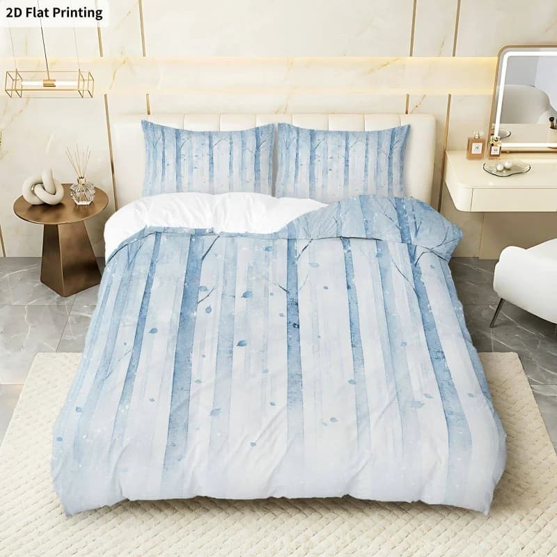 2D Flat Printing 3PCS Duvet Cover, 1 Duvet Cover + 2 Pillowcases (Without Filler), Winter Forest Snow Theme