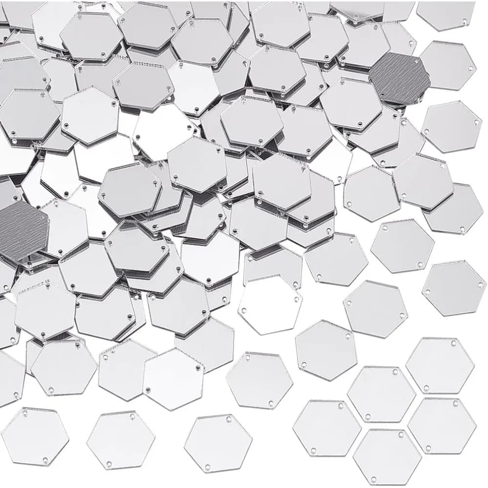 200pcs Hexagon Sew on Mirrors Silver Acrylic Sew on Mirror Pieces with Holes 0.8 x 0.7 inch Mirror Beads for DIY making kit
