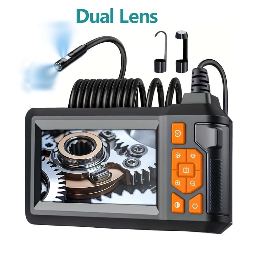 Industrial double lens endoscopic camera with 4.3''' HD1080P IPS screen, rigid cable for tube and sewer inspection, IP67 waterproof boroscope