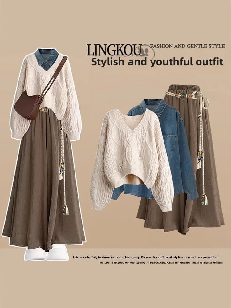 Anti-Aging Large Size Autumn Knitted Sweater Set Women's Casual Skirt Pants Shirt Three-Piece Set Fashionable Worn out Design