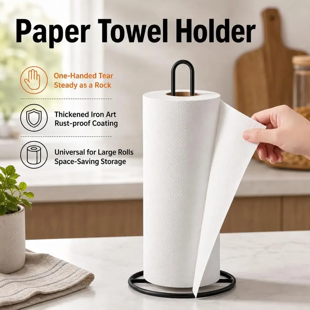 Standing Paper Towel Holder Vertical Kitchen Tissue Rack Countertop Roll Paper Stand Tabletop Iron Wire Storage Organizer