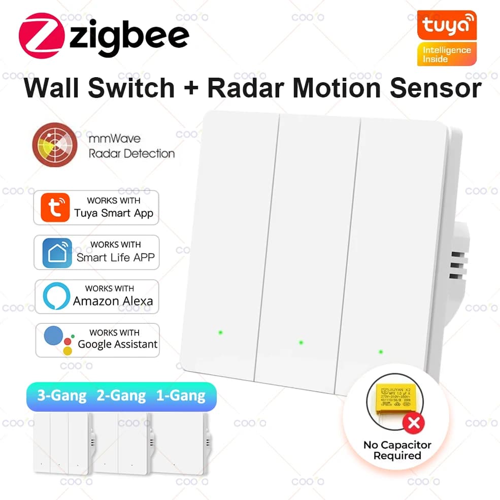 Tuya ZigBee Smart Light Switch con sensore di movimento radar Nessun cavo neutro Nessun condensatore necessario Interruttore a parete Funziona con Alexa Google