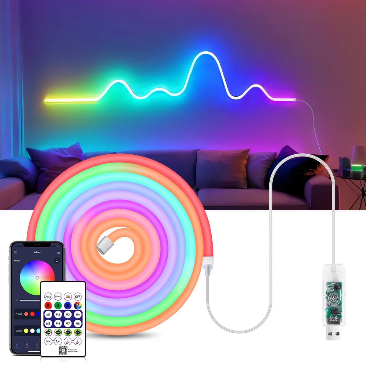 USB LED 5V RGBIC Luci di striscia al neon Colore da sogno Nastro impermeabile Nastro al neon Telecomando Bluetooth per l'arredamento della sala giochi