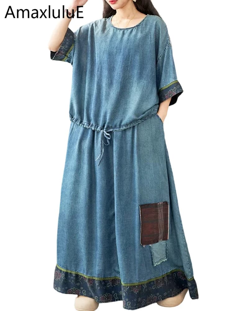 Amax LuluE Completi Estivi da Donna in Stile Giapponese, Set Due Pezzi Casual con T-shirt Classica e Gonne a Trapezio in Denim Ricamato