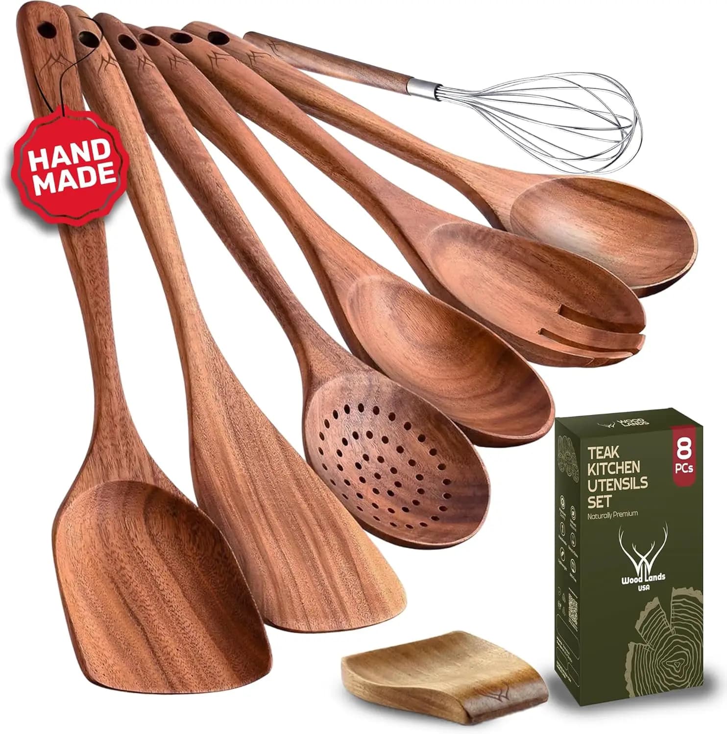 Set of 8 Teak Wood Tools - Premium Kitchen Tools with Spatula, Cucchiaio, Frusta and Other for Safe Use in Kitchen