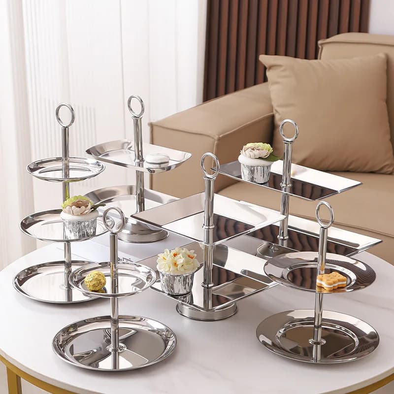 Piatto per dim sum in acciaio inossidabile a due o tre livelli, piatto per dolci, snack di lusso, frutta secca, per tavoli, matrimoni, hotel, reception