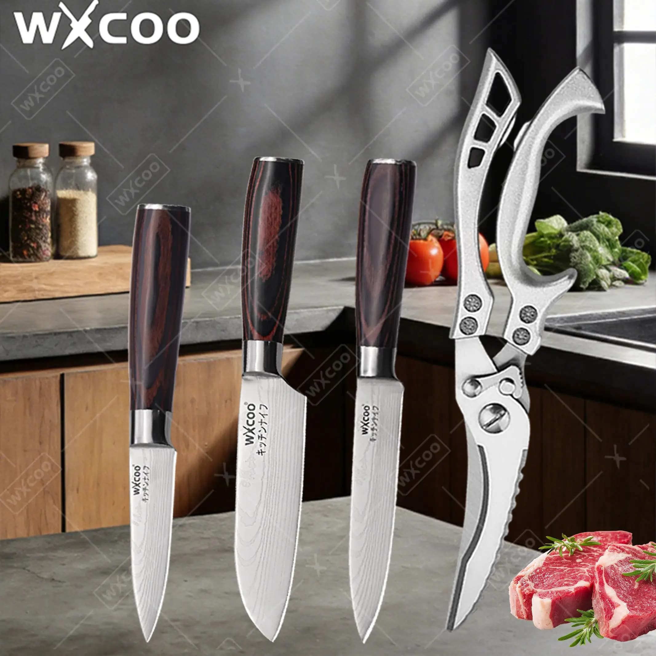 Coltelli da Cucina Professionali WXCOO, Mannaia per Carne, Coltello per Frutta Damascato, Coltello Santoku Giapponese da 5 Pollici per Uso Domestico e BBQ