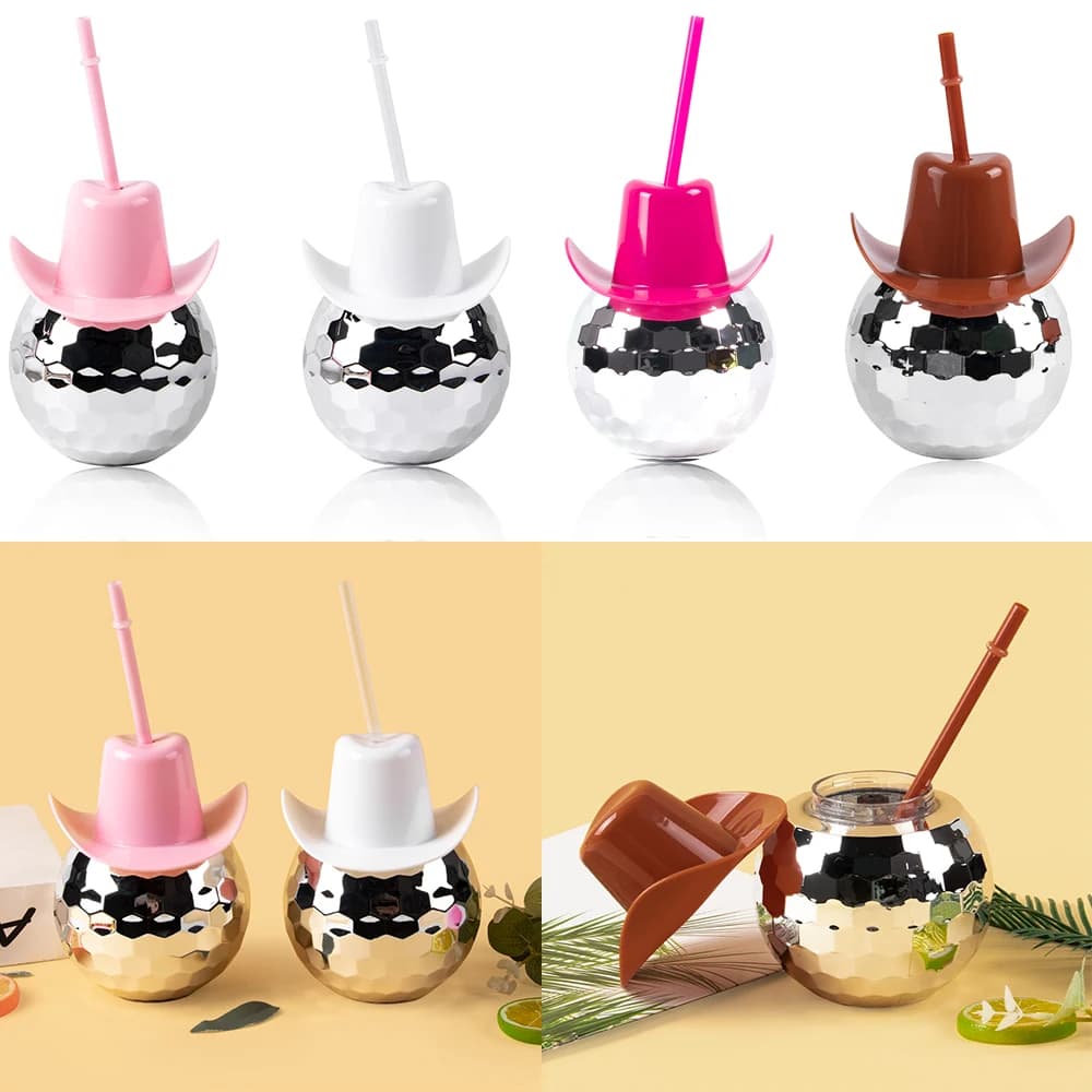Tazza da palla da discoteca con cappello da cowboy Festa di addio al nubilato Palla da discoteca in argento Bottiglia d'acqua Tema da cowboy Sposa per essere Decorazioni per feste Cocktail C