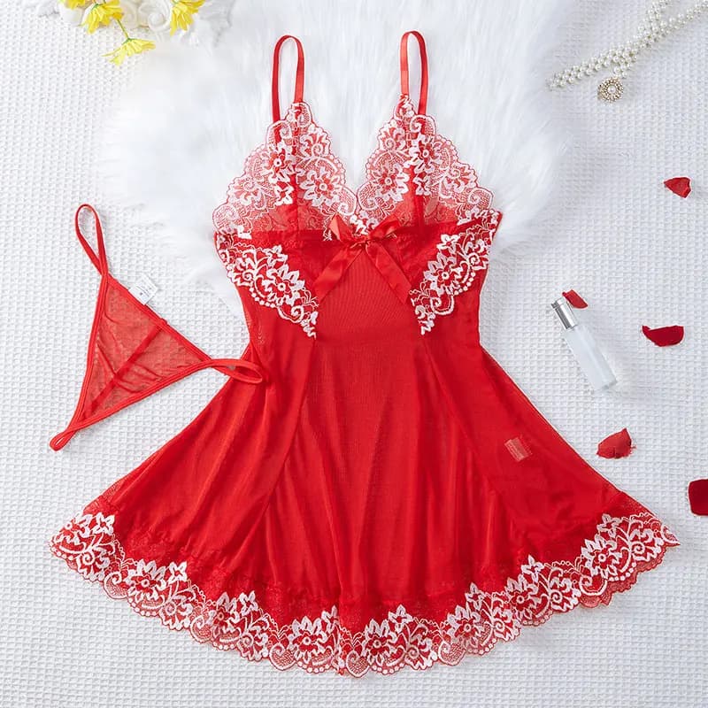 Trasparente stile sottile perizoma in pizzo con volant set di lingerie da donna camicie da notte senza maniche indumenti da notte sexy con scollo a V reggiseno slip set