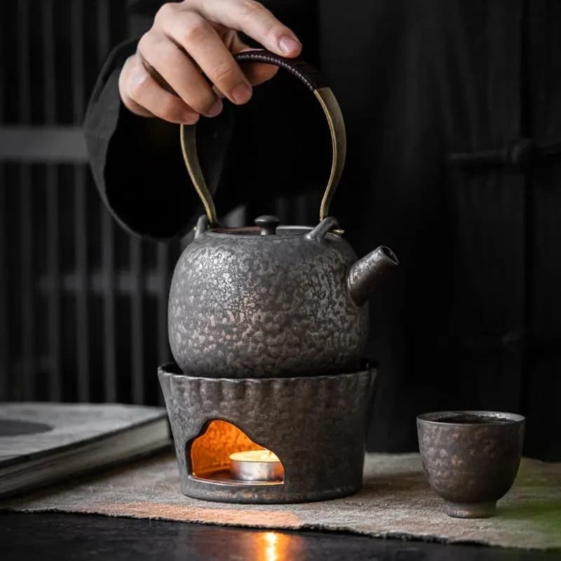 Retro Rough Pottery Rust Ceramic Lifting Beam Pot Warm Tea Stove Heat-resistant Base Tea Set Candle Tea Maker Cooking Kettle Set