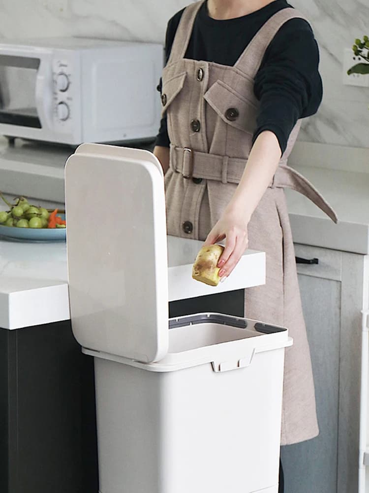 Grande Cestino per Rifiuti da Cucina a Doppio Strato, Contenitore per Compostaggio con Coperchio Ribaltabile, Scatola di Stoccaggio per Uso Domestico, Bidone per Rifiuti in Plastica a Cilindro Lungo