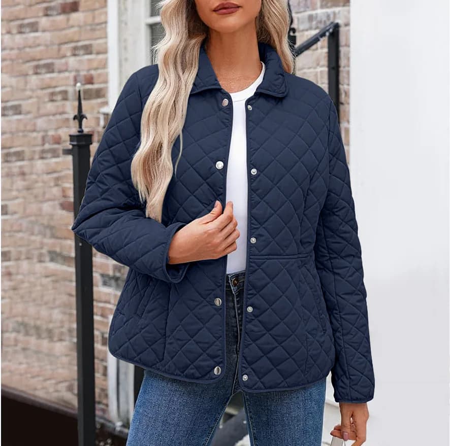 Women's Casual Padded Jacket Autumn Winter Solid Color Lapel Concealed Button Long Sleeve Diamond Check Design