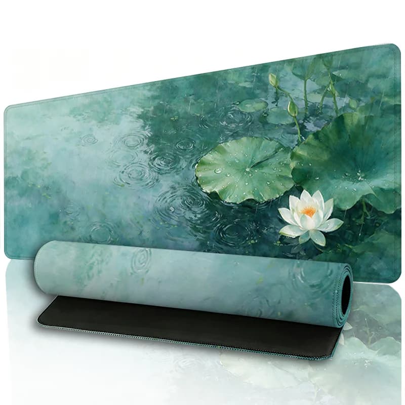 Large Green lotus Art Gaming Mouse Pad Extended Desk Mat Non Slip Rubber Base Stitched Edge for Computer Keyboard Office Gamer