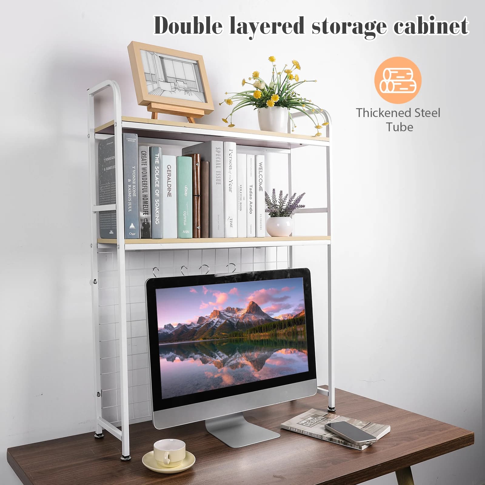 Desk Organizer in Wood with 2 Levels with Grid Panel, Shelves Paper Holders, Multipurpose Display for Home and Office