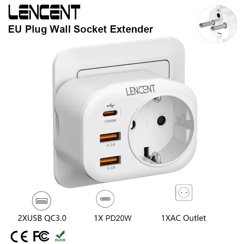 LENCENT Prolunga per presa a muro con presa UE con 1 presa CA 2 USB QC3.0 e 1 tipo C PD 20W Caricatore rapido multipresa per viaggi a casa