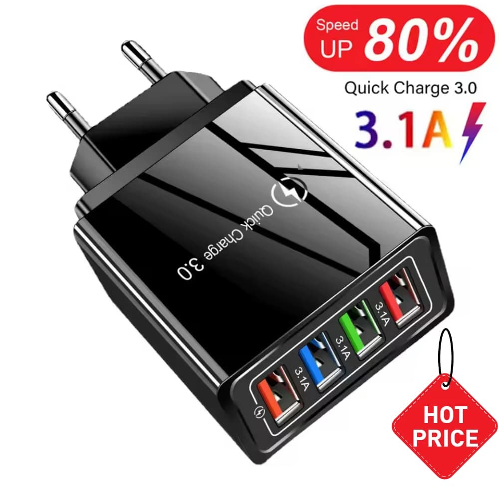 Caricatore USB 3.1A Caricatore da muro QC 3.0 a ricarica rapida a 4 porte per Xiaomi iPhone 15 Caricatore da viaggio con spina per telefono cellulare Samsung US/EU