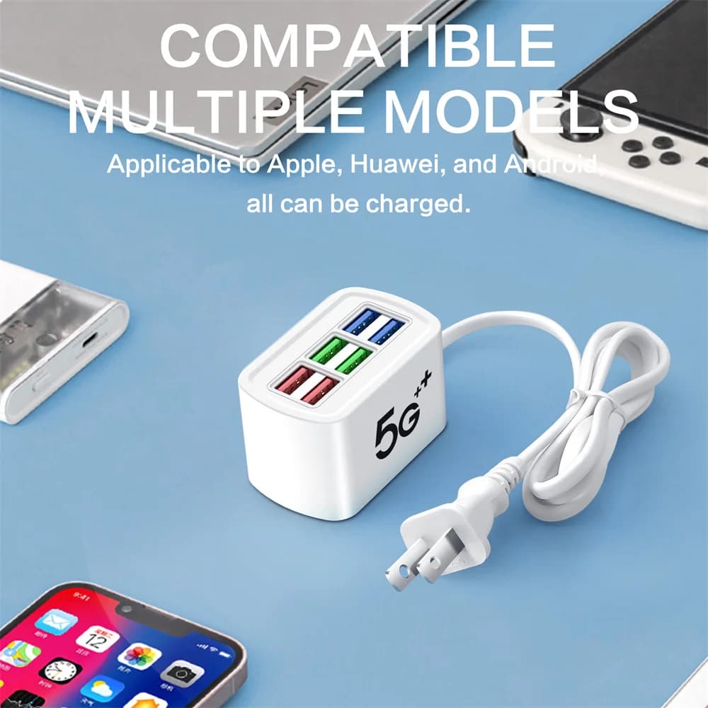 Caricatore rapido USB 6 in 1 Ciabatta Stazione di ricarica da tavolo Ricarica rapida Cavo da 1 m Presa adattatore HUB USB per iPhone 15 16 Home