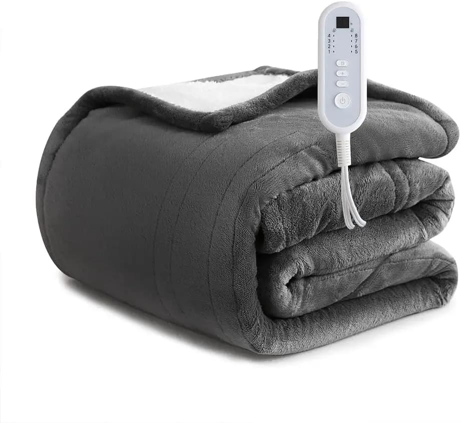 Coperta Elettrica Riscaldata Grigia, Misura Singola 62x84 Pollici, con 8 Livelli di Calore, Timer di Spegnimento Automatico e Protezione dal Surriscaldamento