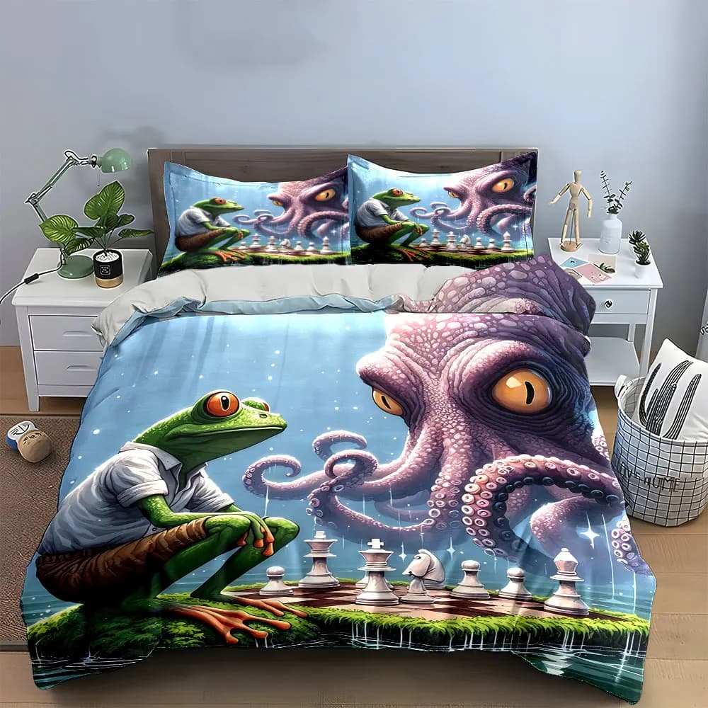 "Fantasy Chess Frog Octopus Decor" Bedding Set with 1 Duvet Cover 2 Pillowcases Single Double King Queen, Gift