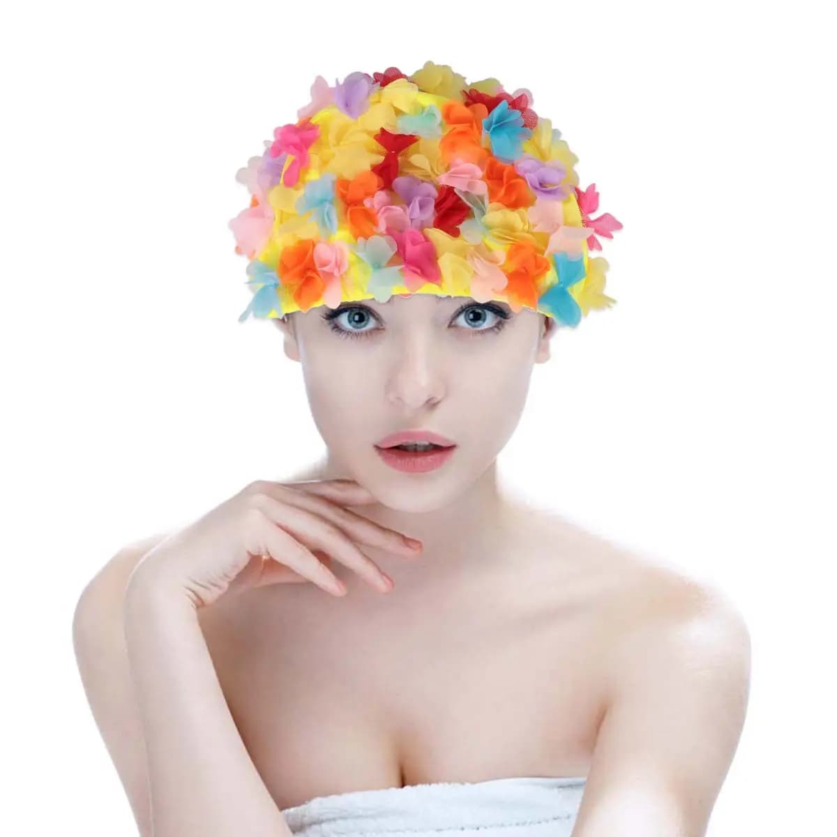 1 pezzo di cappello da nuoto da donna, leggero e confortevole, con design floreale 3D, protezione per le orecchie, cappello da nuoto alla moda, cappello da nuoto giallo