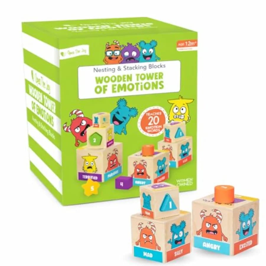 Torre delle Emozioni in Legno – Giocattolo Educativo Impilabile per Bambini | 5 blocchi con faccine emotive + 5 blocchi per l'ordinamento delle forme | Monte