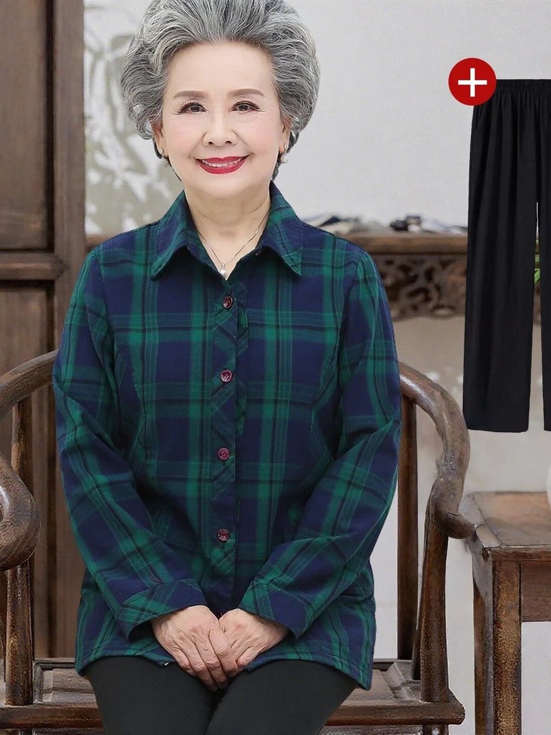 Grandma's Spring Thin Cotton Shirt Long Sleeve Plaid Elderly Women's Loose Fit Breathable Cardigan Style Fashion Ladies' Blouse