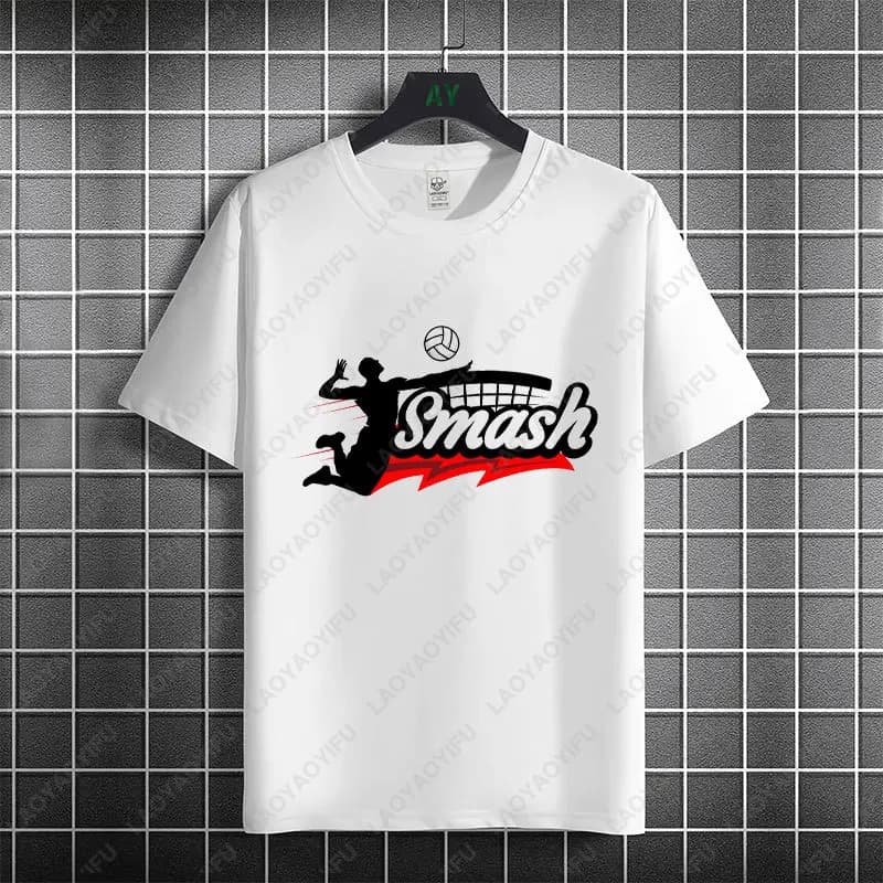 T-shirt Grafica da Pallavolo alla Moda con Stampa 'Smash', Manica Corta in Modal, Abbigliamento Casual Sportivo da Uomo