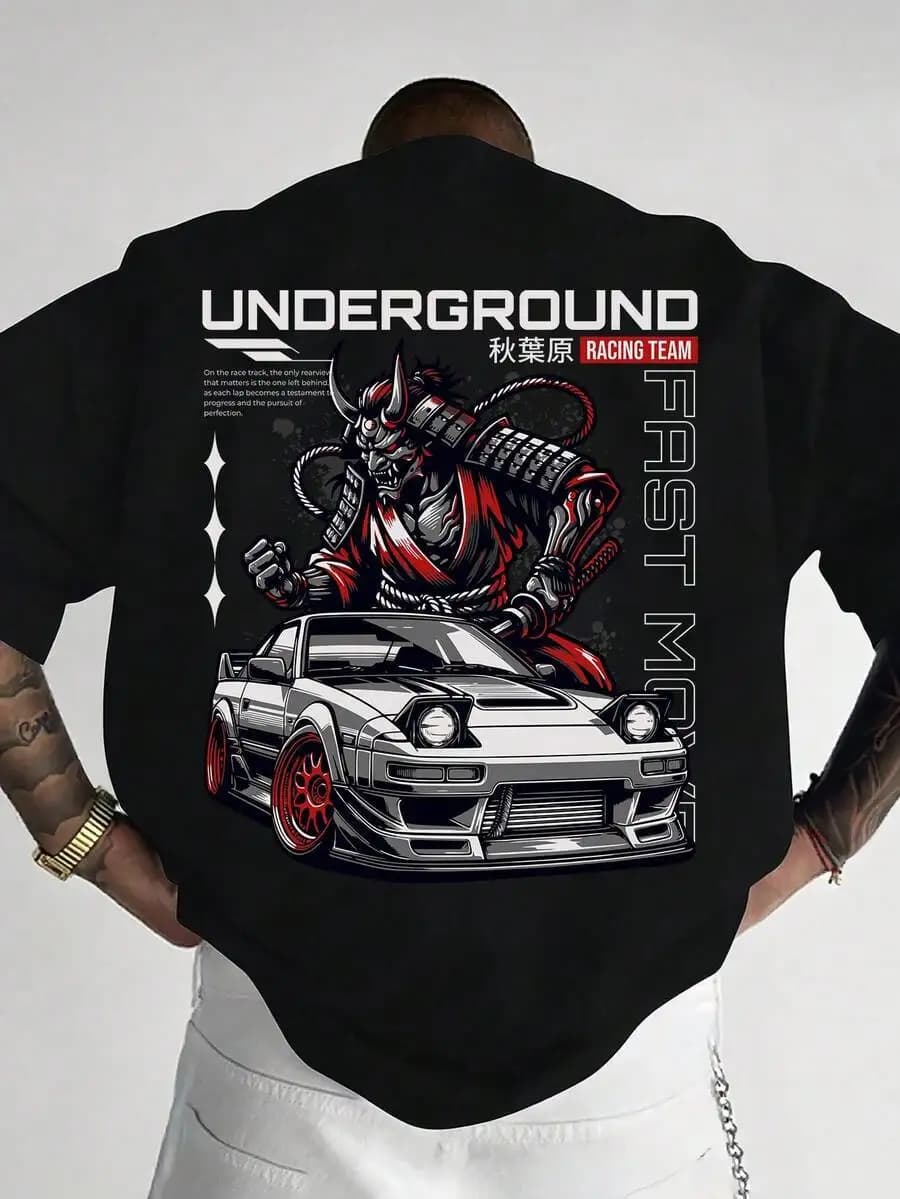 Men's "Underground Racing Team" Graphic Tee, Samurai Oni & JDM Sports Car Print Short Sleeve Crew Neck T-Shirt, Japanese 100% Cotton Trendy Y2K Short-Sleeve Tee-Soft, Quick-Drying, Great Gift for Christmas or Halloween.