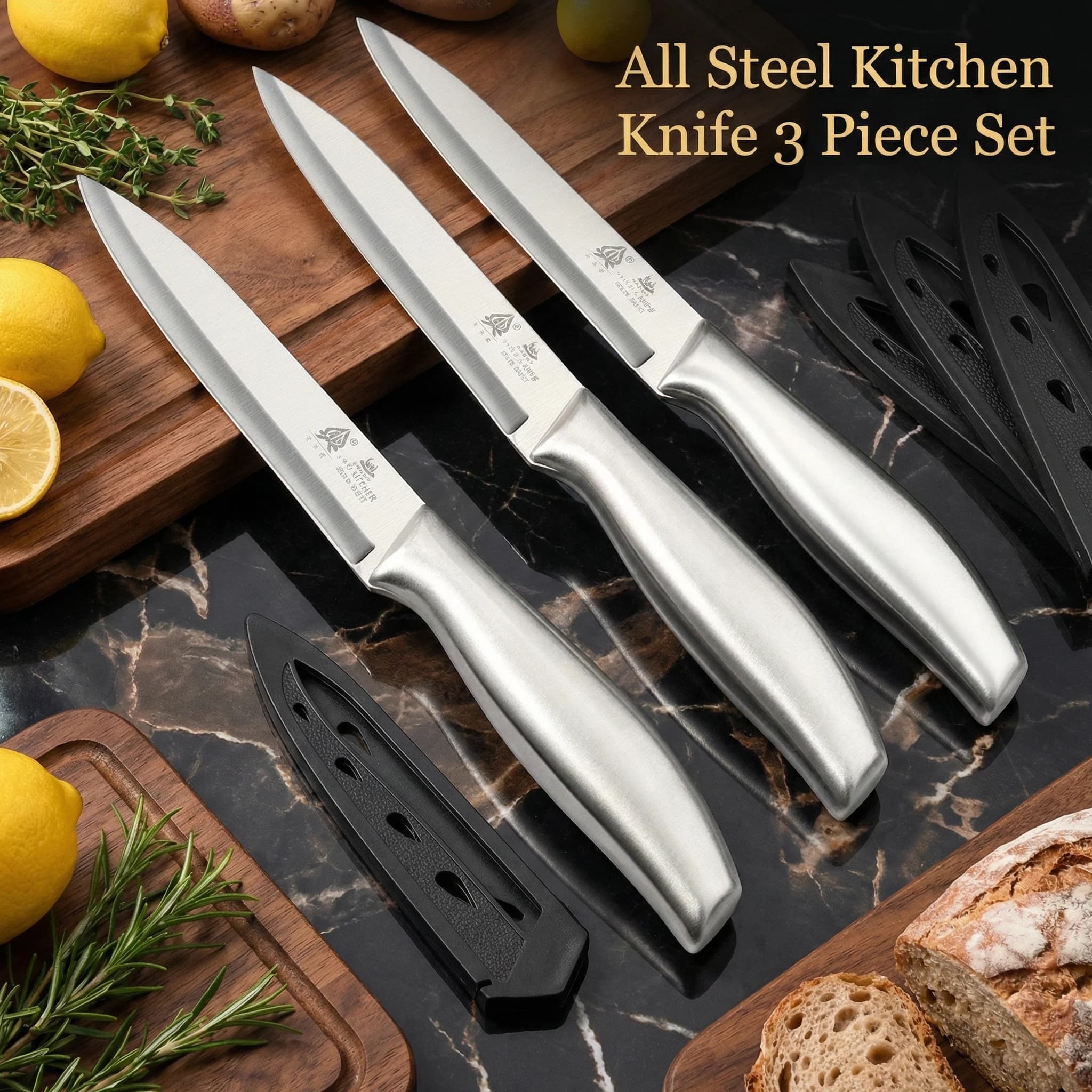 Set di 3 coltelli da cucina in acciaio - Coltello affilato in acciaio inossidabile, coltello per sbucciare frutta color argento con fodero per cucina