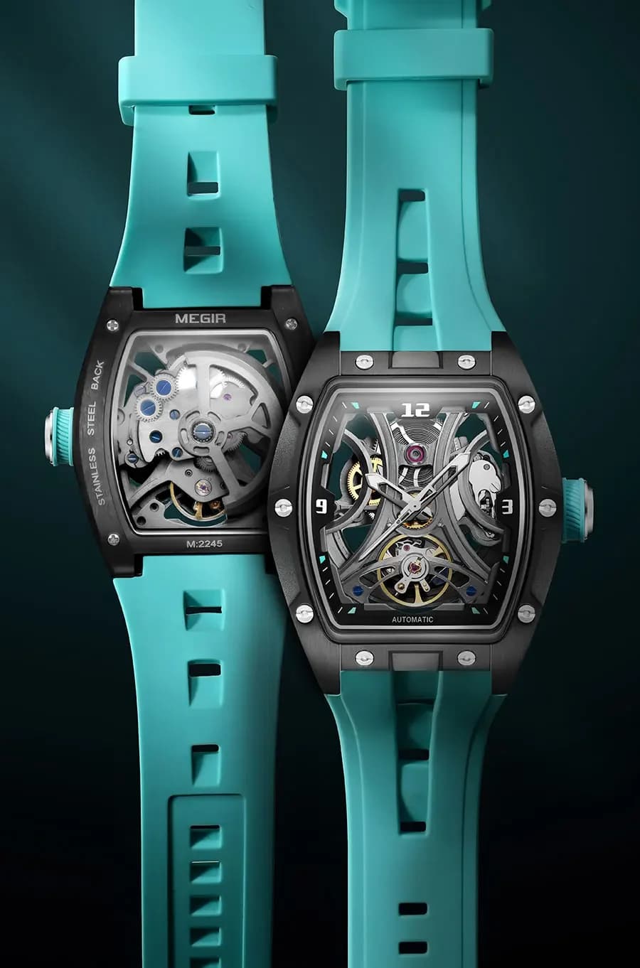 Orologio da Polso MEGIR per Uomo, Automatico Meccanico Impermeabile Nero con Lancette Luminose, Cinturino in Silicone, Quadrante Tonneau 2245