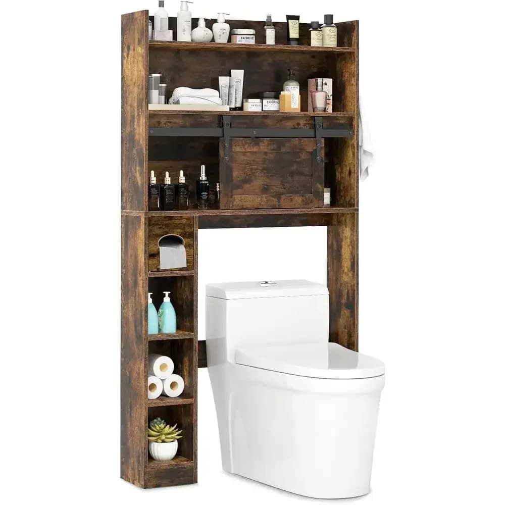 Rustic Brown Over Toilet Storage Cabinet with Sliding Barn Door, Adjustable Shelves, Toilet Paper Holder, and 2 Hooks