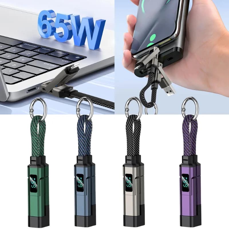 65W 4 in 1 Digital Display Super Fast Charging Keychain USB C Fast Charging Cable with LED Display Compatible With All Models