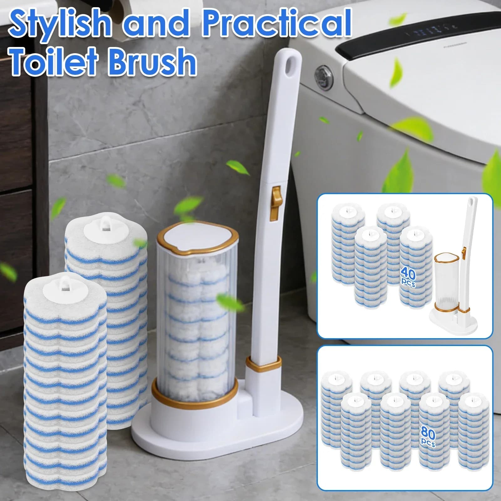 Toilet Brush Disposable Replacement Head Cleaning Kit Long Handle Toilet Wand Kit 360° Bathroom Cleaning Tool for Home Hotel