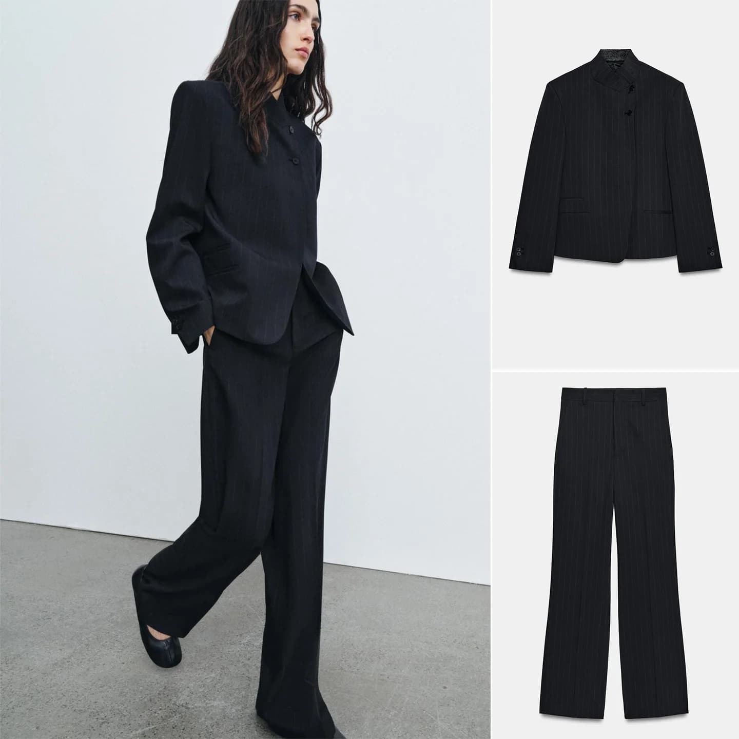 Giacca a maniche lunghe con collo alto, slim fit, a righe, con cerniera, modello 3736050, e pantaloni a vita alta, modello 7149057, completo primaverile alla moda.